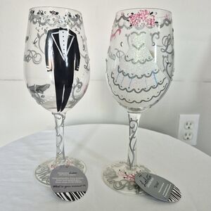 NEW Lolita Bride And Groom Wedding Hand Painted Wine Glasses Recipe On Bottom